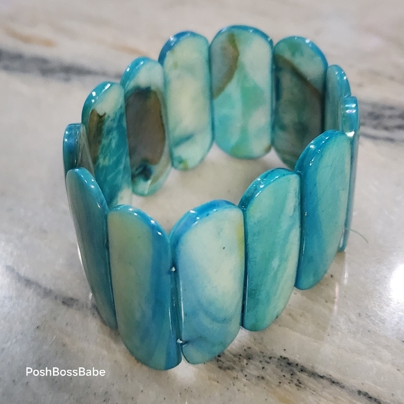 Wide Blue Shell Stretch Bracelet – Tropical Ocean Wave Pattern, 1.75" - Picture 4 of 6